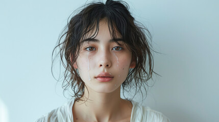 Sad woman in light clothing, white background, grim expression, single tear falling.

