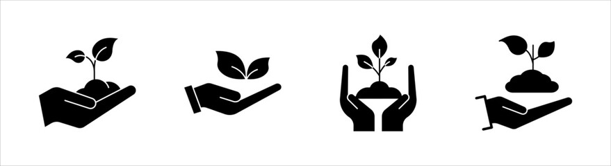 Hand with plant line icon set, linear style sign for mobile concept and web design, Hand holding sprout outline vector icon, Growth symbol, logo illustration, on a white background.