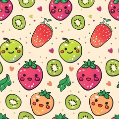 Fototapeta premium Seamless pattern of cute cartoon fruits with happy faces