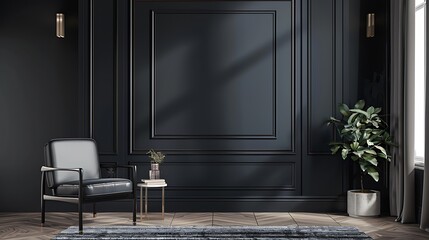 Chic living room setting using a black mock up wall frame and a chair design very detailed and realistic shape