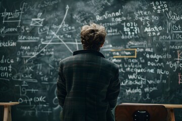 Person Analyzing Complex Mathematical Equations on a Chalkboard