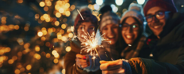 Friends celebrating with sparklers at a winter festival