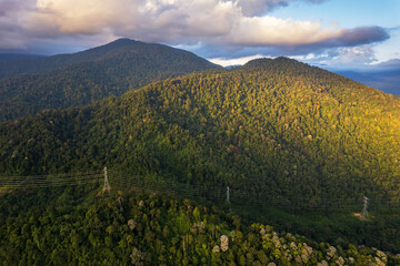 landscape with mountains, tropical jungle and clouds