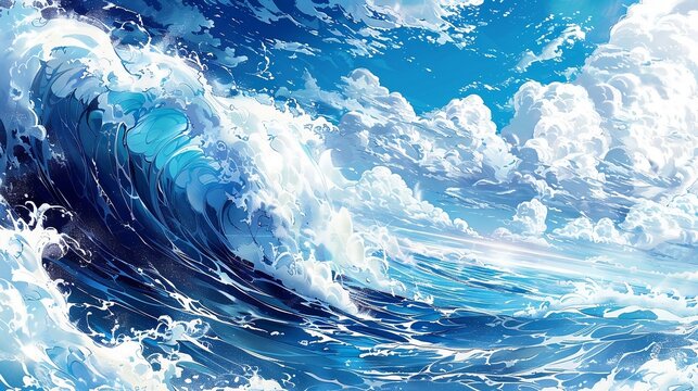 Sea ocean wave, seascape with storm in anime style. Generated ai