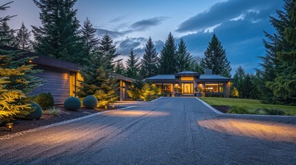 Obraz premium well-lit gravel driveway leading to a suburban farmhouse with contemporary architecture, set against a backdrop of tall pine trees