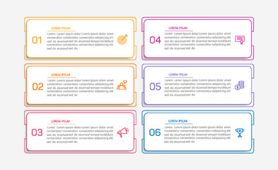 Business vector infographic design template with icons and 6 options or steps. Can be used for process diagram, presentations, workflow layout, banner, flow chart, info graph