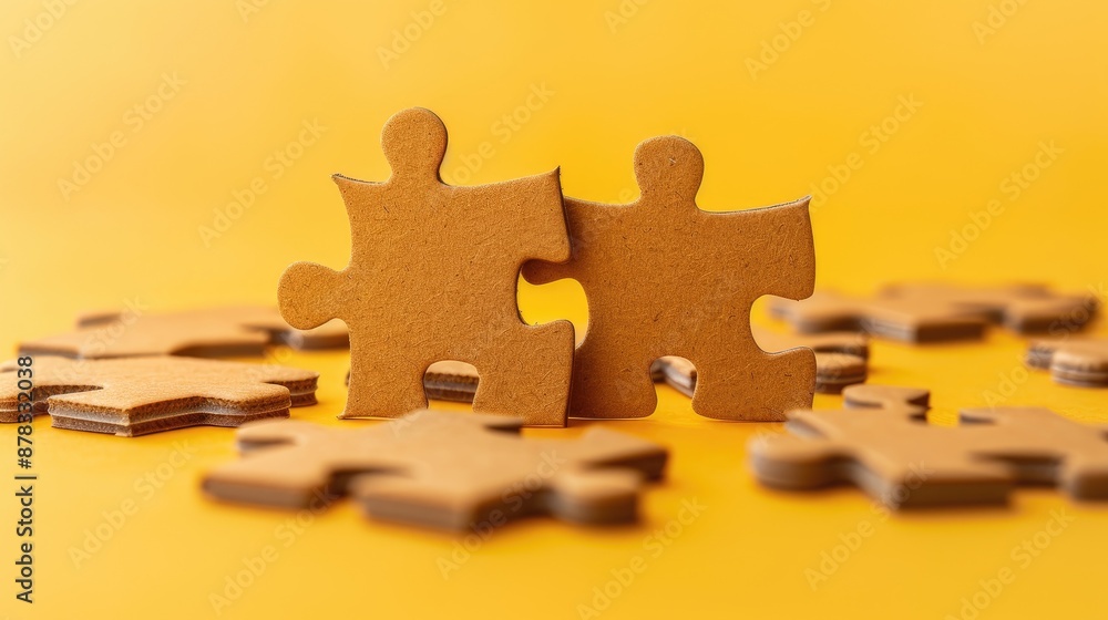 Poster connecting concept symbolized by four brown puzzle pieces on table with copy space and yellow backdr