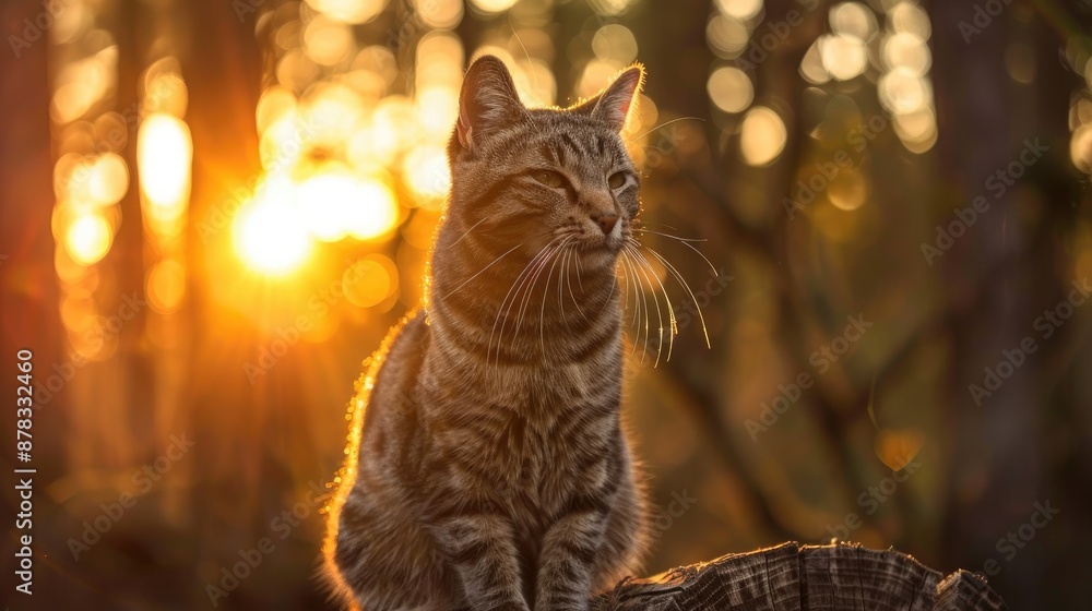 Wall mural Close up photo of an endearing cat seated on wood amid stunning sunrise in a forest