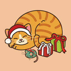 Simple and adorable Christmas illustration of Orange Tabby Cat outlined sleeping