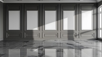 A contemporary gallery space, lined with six large white frames on a matte gray wall, each frame holding a pristine, blank canvas.