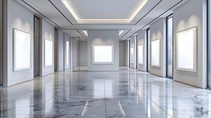 Obraz premium A contemporary gallery space, lined with six large white frames on a matte gray wall, each frame holding a pristine, blank canvas.