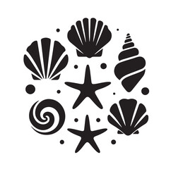 Set of different black sea shells and starfish vector illustration