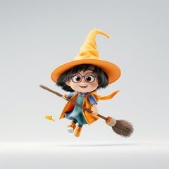 Adorable 3D Rendered Witch on Broomstick Flying in White Background - Cute Halloween Character Concept Design, Generative Ai