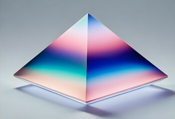 A large, transparent blue purple pink and green pyramid-shaped object with a blue and brown gradient effect, floating against a light gray background