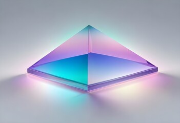 A large, transparent blue purple pink and green pyramid-shaped object with a blue and brown gradient effect, floating against a light gray background