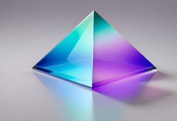 A large, transparent blue purple pink and green pyramid-shaped object with a blue and brown gradient effect, floating against a light gray background