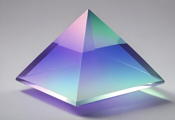 A large, transparent blue purple pink and green pyramid-shaped object with a blue and brown gradient effect, floating against a light gray background
