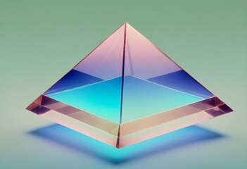 A large, transparent blue purple pink and green pyramid-shaped object with a blue and brown gradient effect, floating against a light gray background