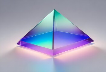 A large, transparent blue purple pink and green pyramid-shaped object with a blue and brown gradient effect, floating against a light gray background