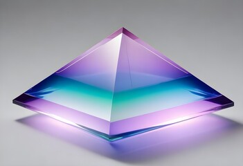 A large, transparent blue purple pink and green pyramid-shaped object with a blue and brown gradient effect, floating against a light gray background
