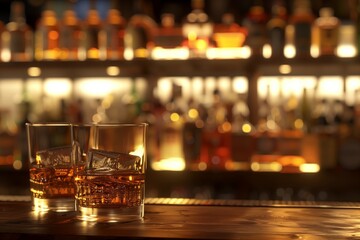 Close-up of two whiskey glasses with ice cubes on a dimly lit bar counter, surrounded by a warm, inviting atmosphere.
