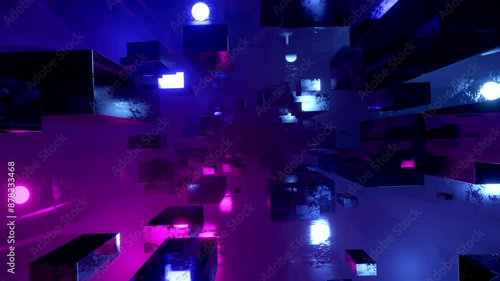 Poster flight through hi-tech technology tunnel with camera shake. neon light and mist, sci-fi construction