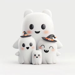 Spooky Fun - Adorable Ghost Family in Halloween Hats on White Background, Playful 3D Render Style, Generative Ai