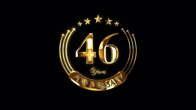 Happy 46th Anniversary Celebration. Golden 46 Years Anniversary Animation in Gold Color on the Transparent Background, Alpha Channel. Great for greetings, celebrations, events, and gifts.