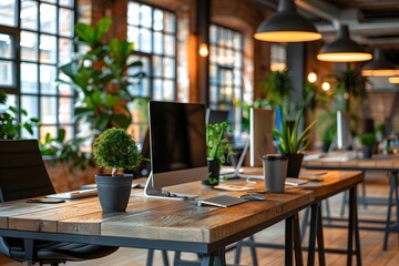 Fototapeta premium Modern Industrial Office Space with Greenery and Natural Light