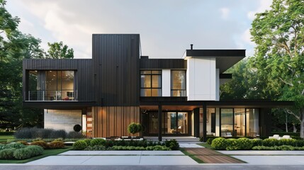 Obraz premium Modern suburban farmhouse with a minimalist black and white exterior, accented with natural wood elements
