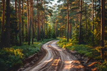 Fototapeta premium Serene Forest Pathway Winding Through Tall Pine Trees