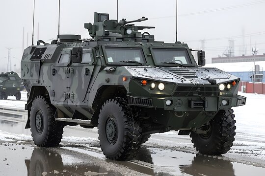Armored Military Vehicle on Snowy Road