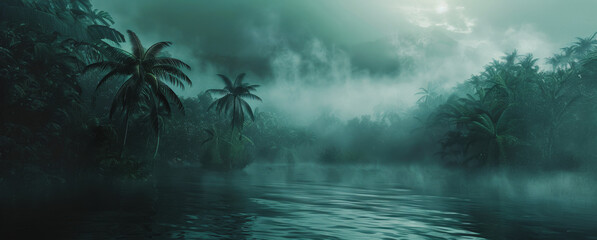 Tropical river scene with palm trees and foggy sky at dawn