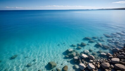 Obraz premium A clear, turquoise blue ocean with visible rocks and pebbles on the seafloor, under a bright blue sky with a few wispy clouds