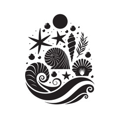 Set of different black sea shells and starfish vector illustration