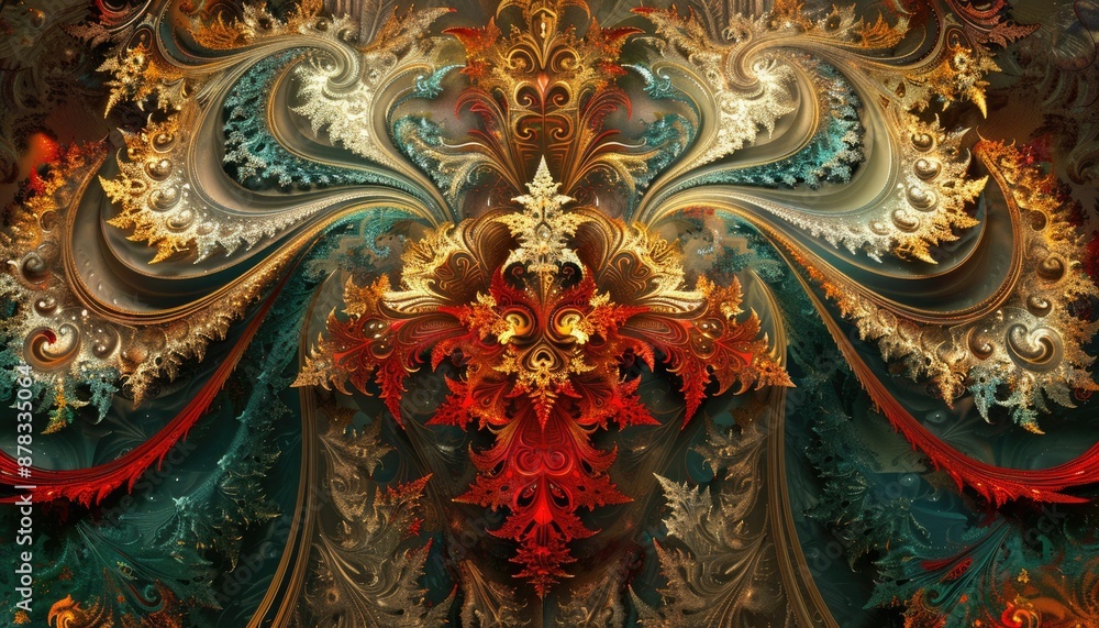 Poster stunning detailed fractal art with intricate patterns and vibrant colors, creating a mesmerizing vis