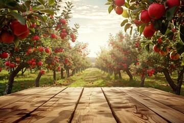 A wooden podium in a picturesque apple orchard, with trees full of ripe apples and a clear, sunny sky above.