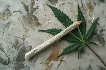 Cannabis Leaf and Pre-Rolled Joint on Artistic Background