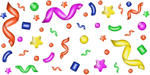 Trendy 3D Plastic Confetti background isolated white. Colorful 3d holiday theme. Plastic doodle ribbon shape collection. 3D vector aesthetic. EPS 10