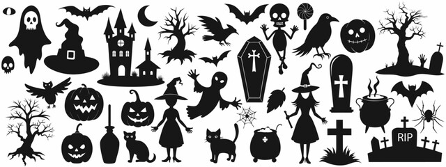 Fototapeta premium set of dark silhouettes for Halloween, gloomy collection
