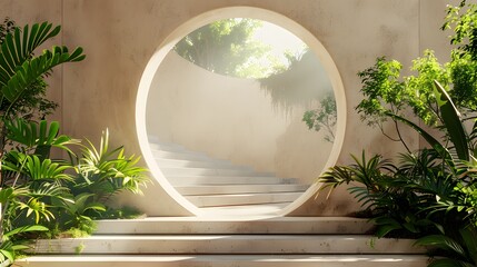 A sleek 3D rendering of a circular portal framed by lush greenery on either side, situated atop a white marble staircase. The scene is set against a soft beige background.