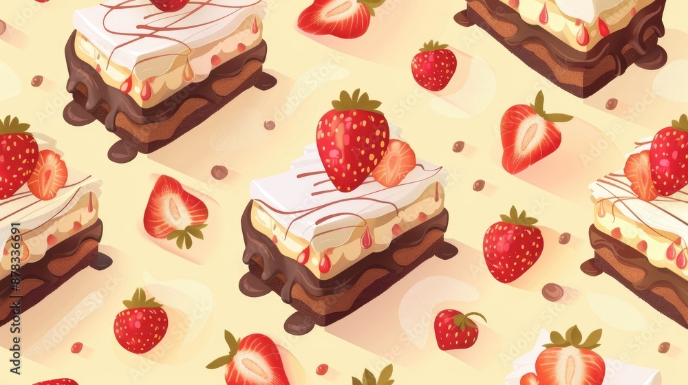 Canvas Prints Chocolate strawberry cake with a light yellow background Cute cartoon wallpaper featuring bakery elements