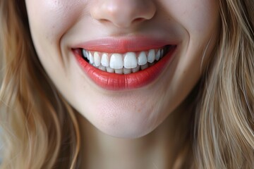 Fototapeta premium Close-Up of a Smiling Woman with Red Lipstick and White Teeth