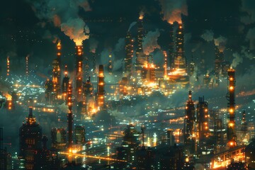 Naklejka premium Illuminated Industrial Cityscape at Night with Heavy Smoke Emissions