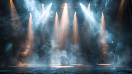 Fototapeta premium A stage with spotlights shining down on it, light beams and smoke. The stage was illuminated by spotlights with light beams and smoke visible.