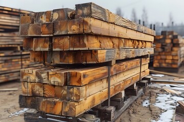 Stacked Timber Beams in a Lumber Yard