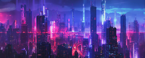 Obraz premium Nighttime view of a futuristic city with pink and blue neon lights