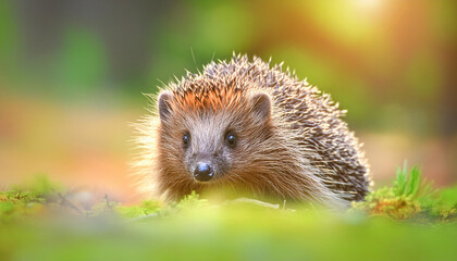 Fototapeta premium Portrait of hedgehog on green grass. Small cute mammal. Natural habitat. Summer or spring season.