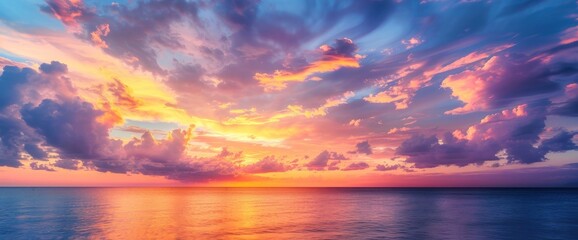 A vivid sunset over a calm ocean with dramatic clouds painted in hues of orange, pink, and purple.