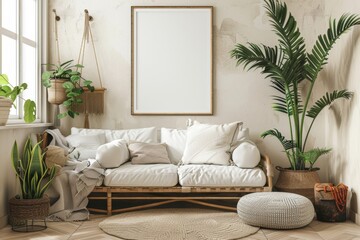 Scandi-boho style living room interior with frame mockup, 3d render